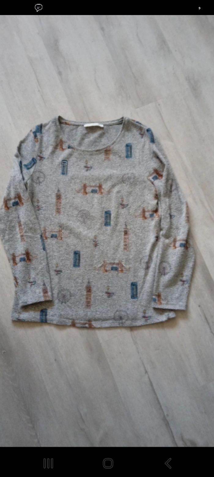 Pull fin col rond longues manches gris chiné avec dessins dessus taille s - photo numéro 1