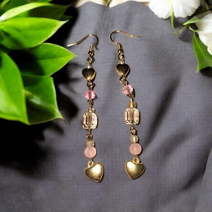 Longue boucles d oreilles en perles et cristal rose acier inoxydable doré - photo numéro 3