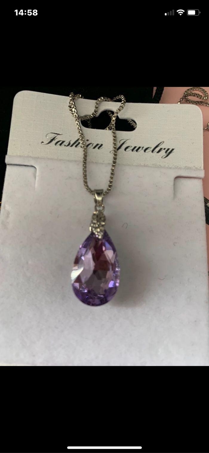 Collier goutte strass violet et acier argenté - photo numéro 2