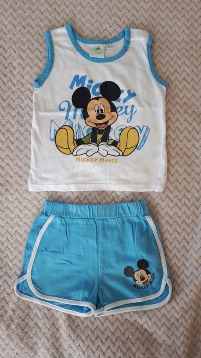 Ensemble débardeur et short blanc bleu Mickey Disney 12 mois - photo numéro 1