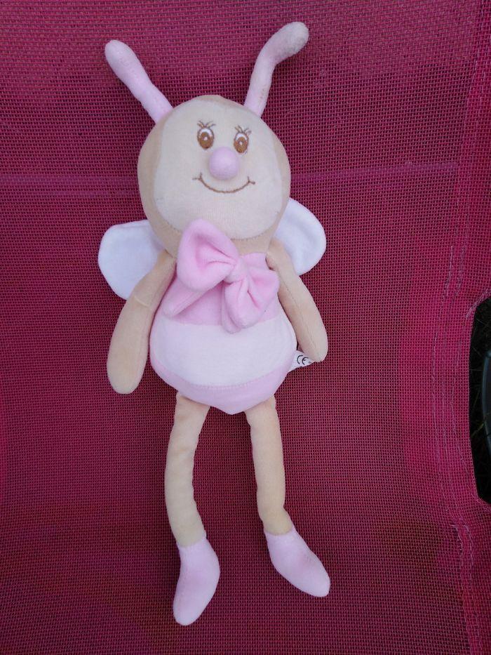 Doudou, peluche abeille fille, rose blanc, aile, noeud - photo numéro 4