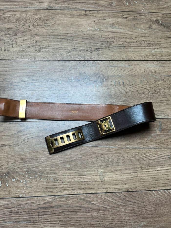 Ancienne ceinture Hermès Médor collier de chien en cuir marron et doré - photo numéro 6