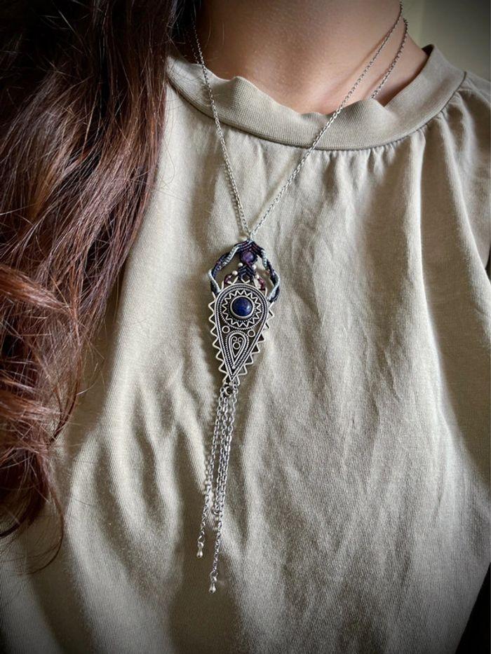 Collier pendentif sautoir chaîne en macramé avec pierre de Lapis Lazuli - photo numéro 6