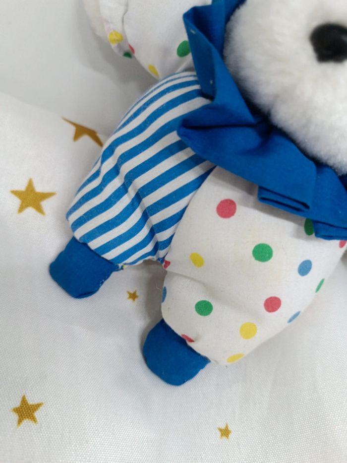 Peluche doudou lapin bunnies Bunny rabbit bleu blue blanc white rayure poids collerette berchet - photo numéro 6