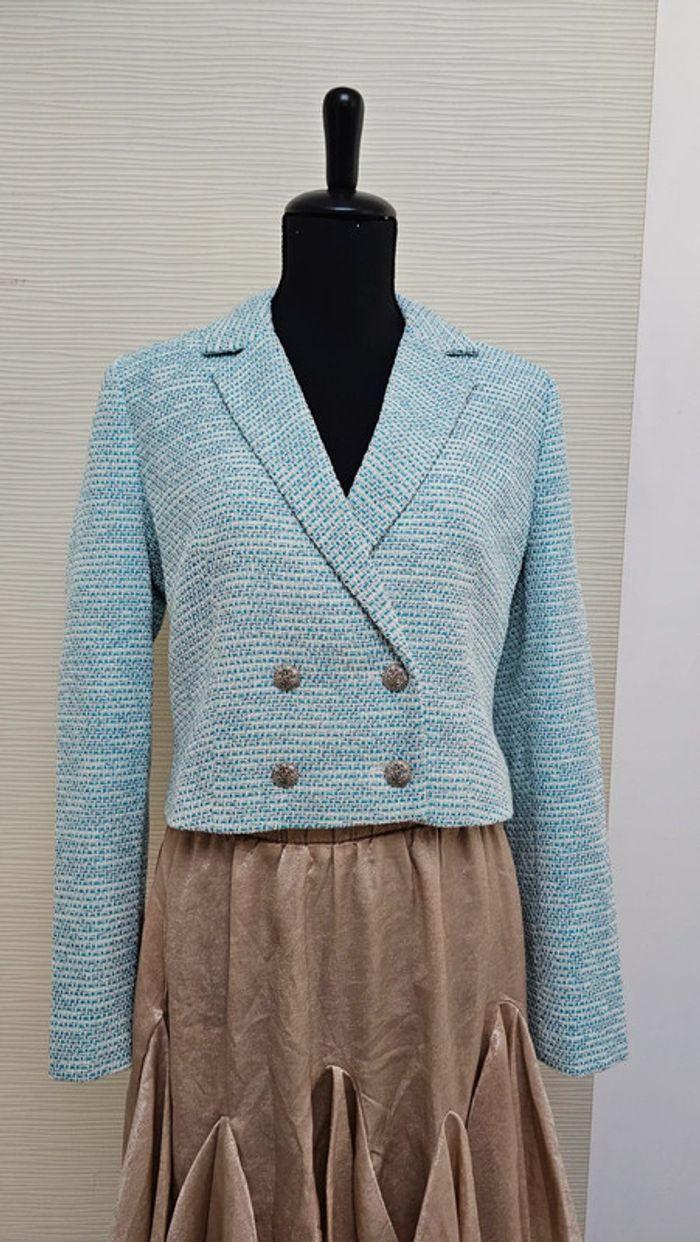 Veste tailleur blazer tweed bleue Nafnaf - photo numéro 1