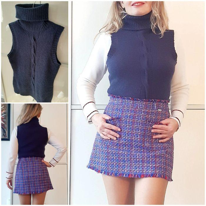 Pull gilet Vintage sans manches bleu foncé en mohair.T 36/38. Preppy style - photo numéro 1