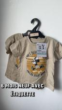 6 mois T-shirt manches courtes bébé garçon marron taupe surf Mickey Disney Disneyland neuf étiquette