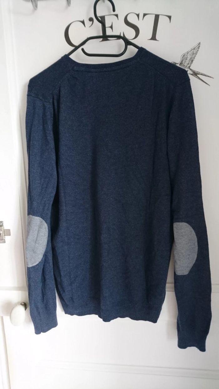 Pull bleu col en V avec empiècement aux coudes gris Celio taille M - photo numéro 5