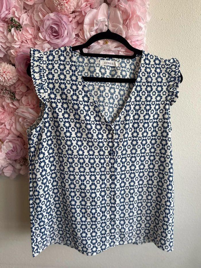 Blouse Senes blanche à motifs bleus, taille M - photo numéro 1