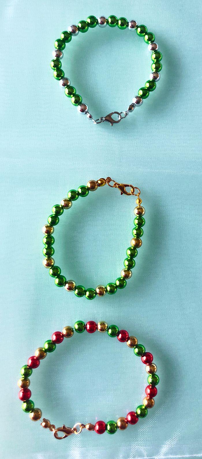 Lot de 3 bracelets avec perles 6mm – Vert Doré, Vert Argenté, Vert Rouge Doré - photo numéro 2