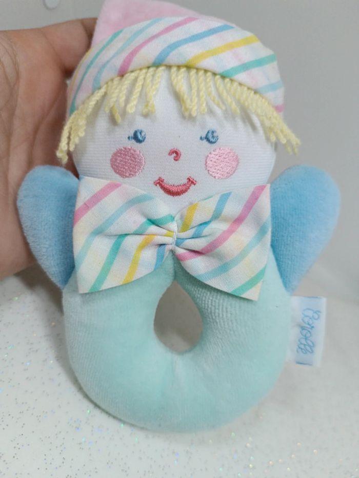 Hochet vintage grelot corolle clown lutin pastel bleu blue 1997 bébé baby doudou peluche plush teddy - photo numéro 2