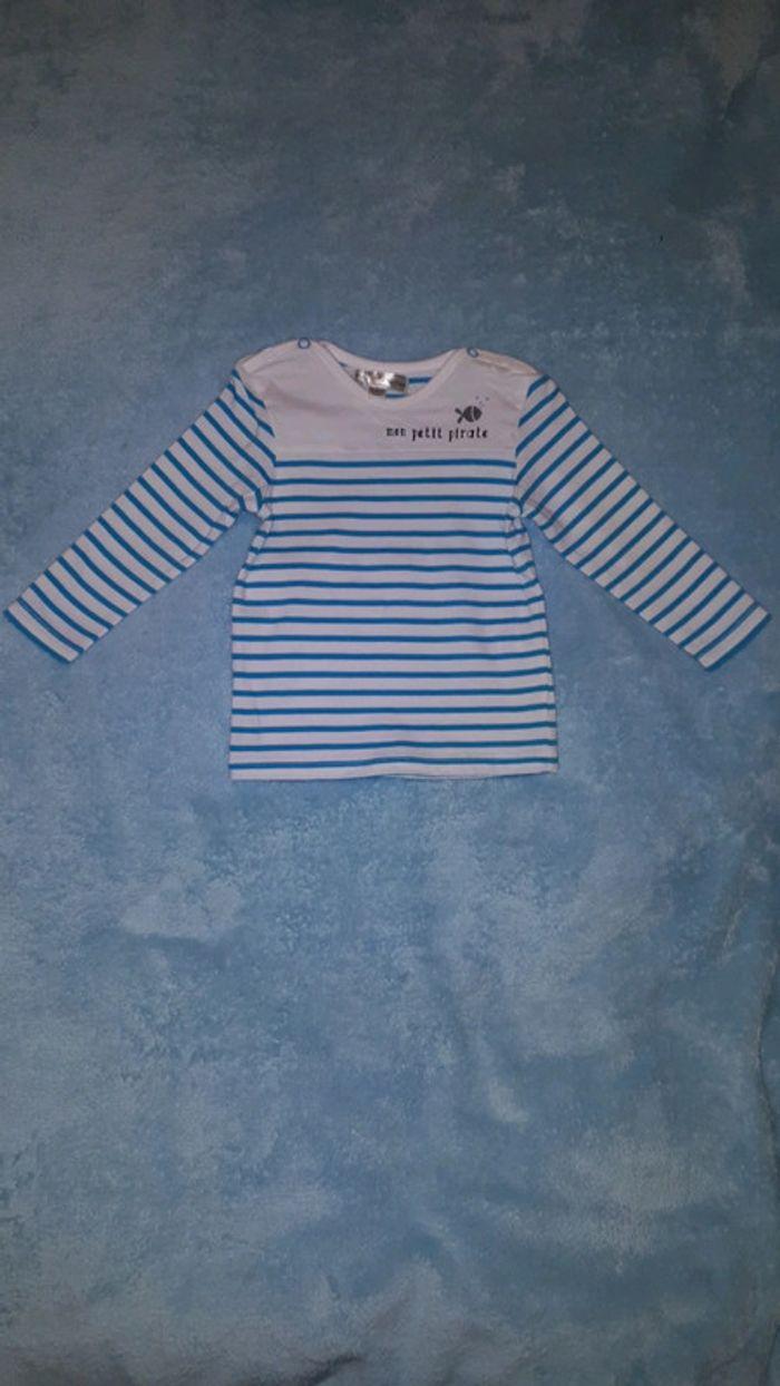 T-shirt manches longues rayures bleu blanc Mes Petits Cailloux 12 mois - photo numéro 1