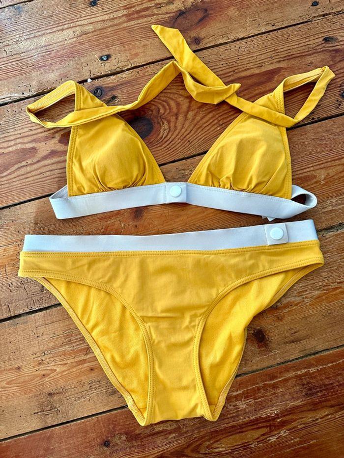 Maillot de bain 2 pièces blanc jaune moutarde 36 S Etam triangle - photo numéro 1