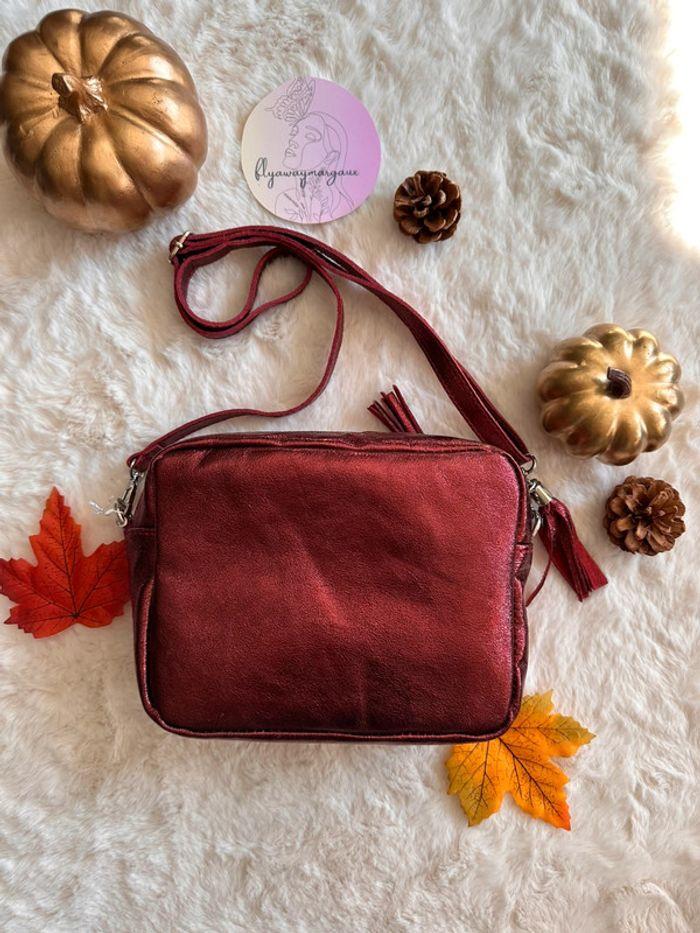 Sac à bandoulière en cuir irisé rouge bordeaux 23x17 cm - photo numéro 2