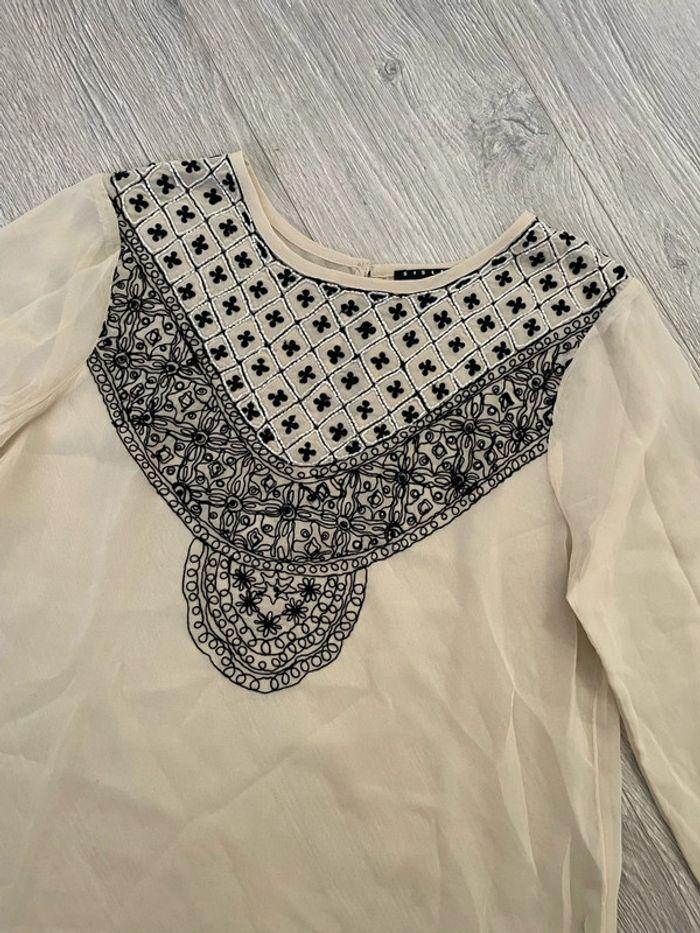 Blouse beige motif perle noir devant en voile manches 3/4 Sisley taille XS - photo numéro 2