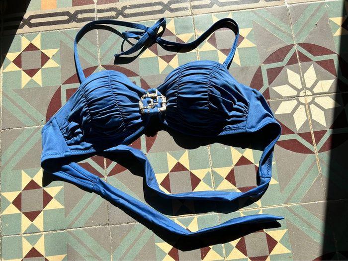 Maillot de bain 2 pièces bleu bijoux doré culotte plissée ajustable taille haute ou basse - photo numéro 17