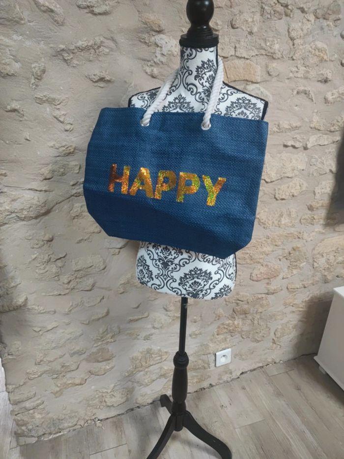 Sac de plage osier Happy paillettes - photo numéro 1