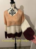 Pull oversize maille col V corail rayé blanc gris argenté bordeaux neuf Comtemplay taille unique