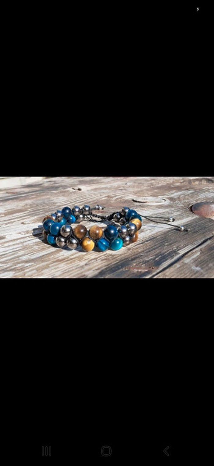 Bracelet 2 rangs réglable.  Œil de tigre marron et bleu + hématite. - photo numéro 4