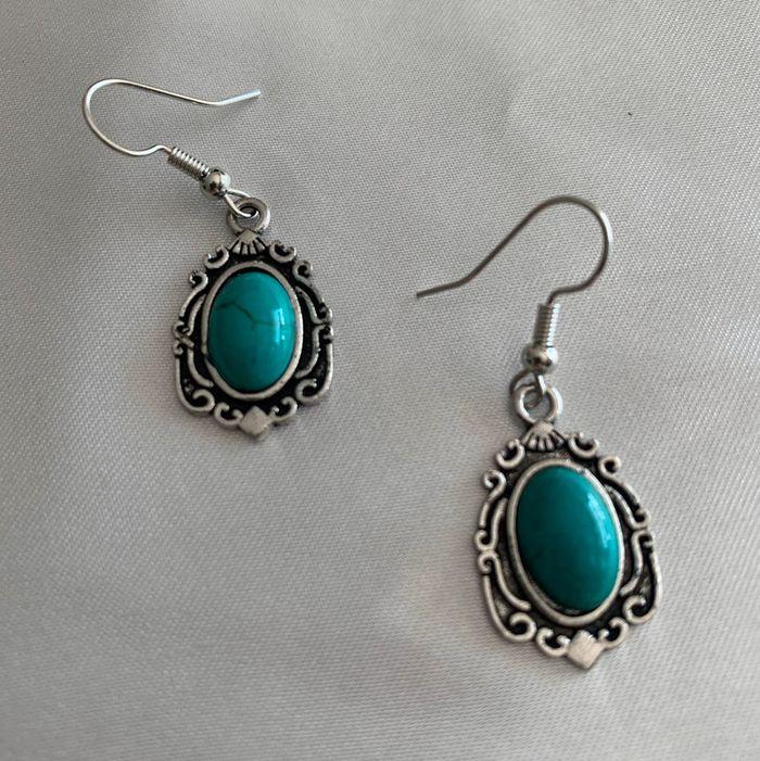 Boucles d’oreilles pendantes vintage bohème bleues turquoises en alliage argenté - photo numéro 4