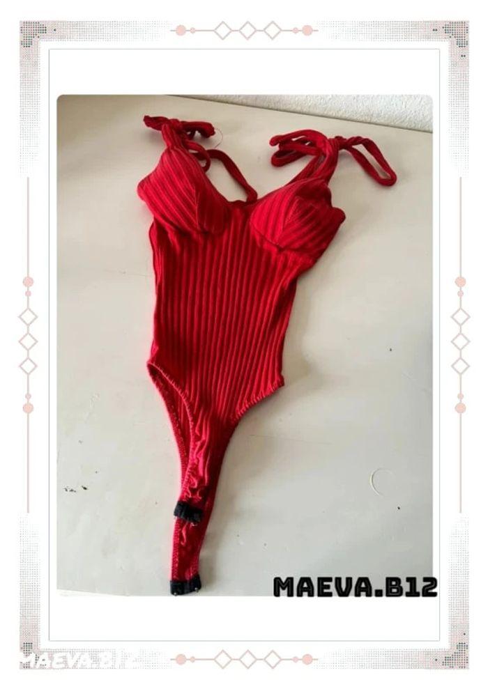 Body string culotte rouge décolleté V bretelles à nouer noeuds taille unique - photo numéro 3