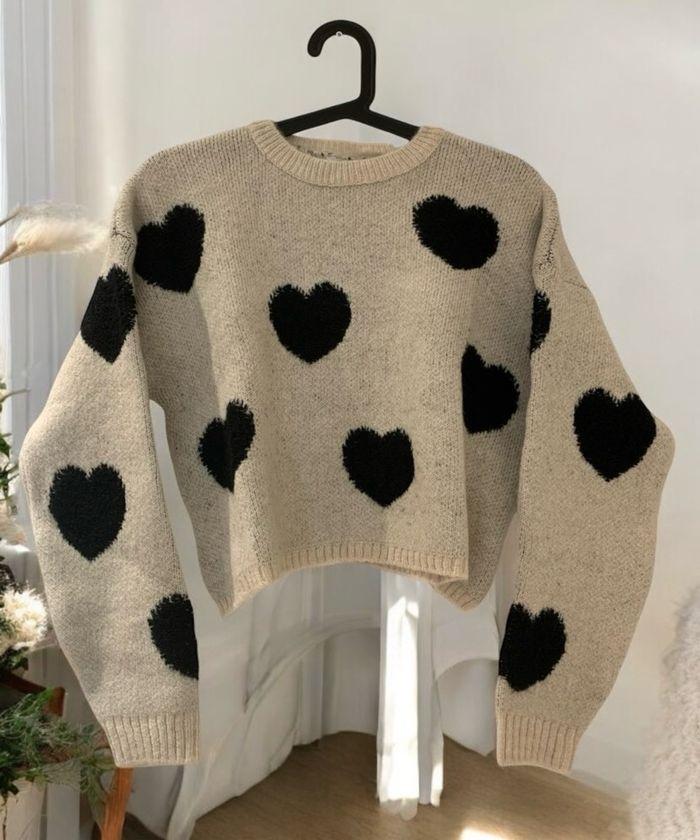 Pull court beige motifs cœurs femme taille L 40 - photo numéro 1