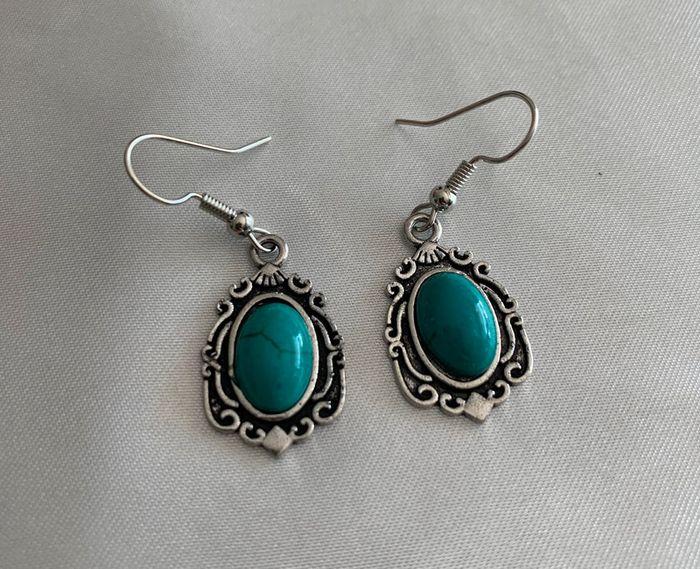 Boucles d’oreilles pendantes vintage bohème bleues turquoises en alliage argenté - photo numéro 1