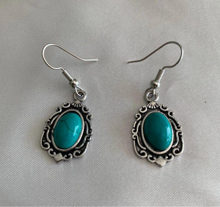 Boucles d’oreilles pendantes vintage bohème bleues turquoises en alliage argenté - photo numéro 2