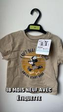 18 mois T-shirt manches courtes bébé garçon marron taupe surf Mickey Disney Disneyland neuf étiquette