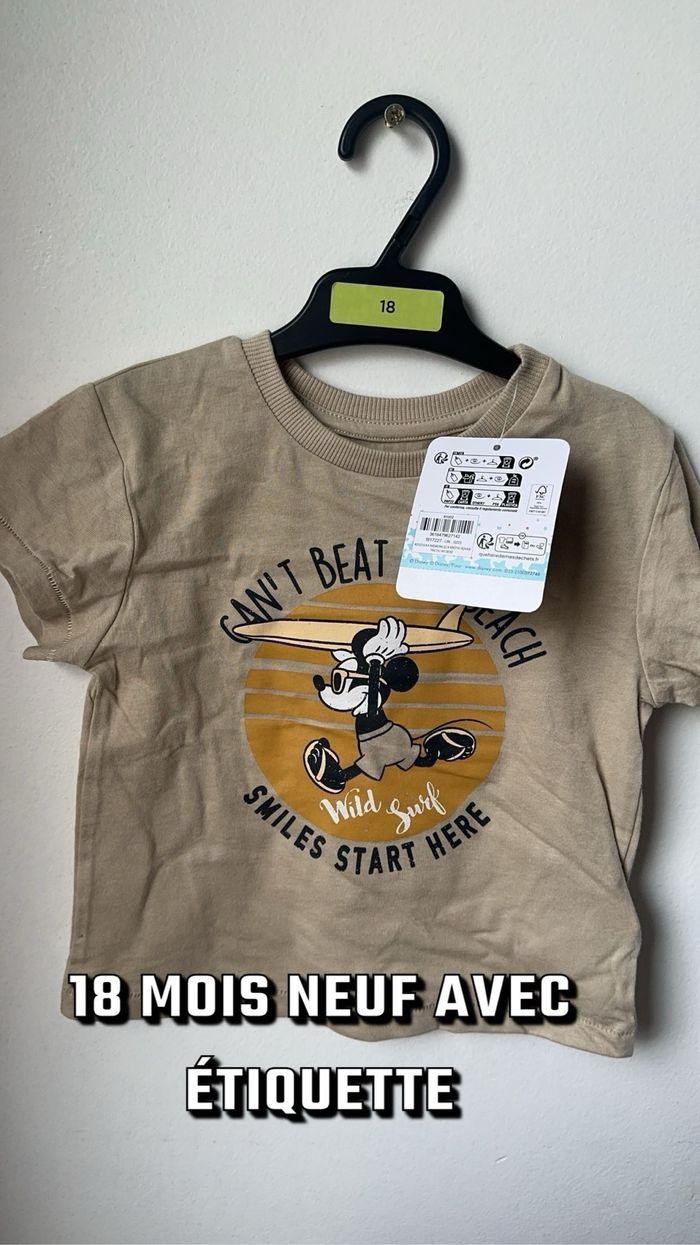 18 mois T-shirt manches courtes bébé garçon marron taupe surf Mickey Disney Disneyland neuf étiquette