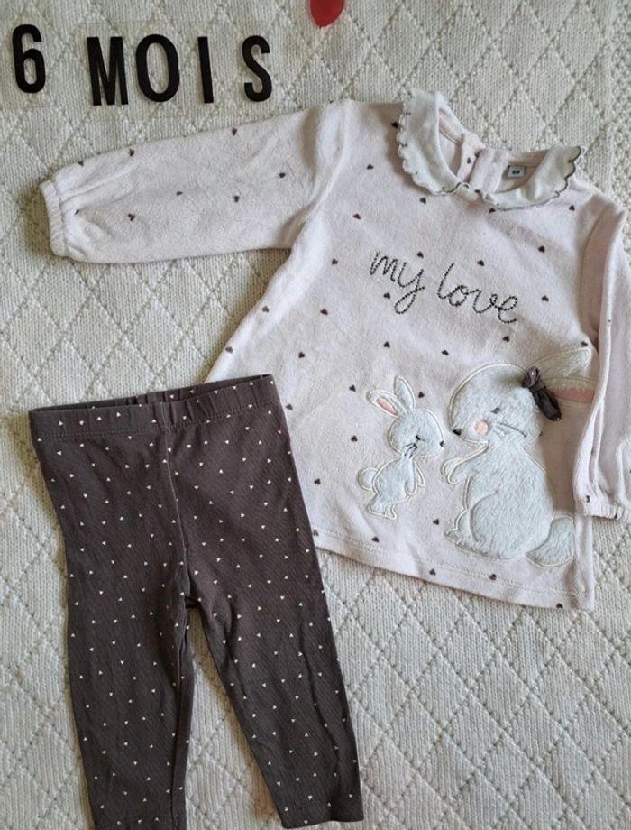 Ensemble Pull legging coeurs et lapin fille 6 mois - photo numéro 1