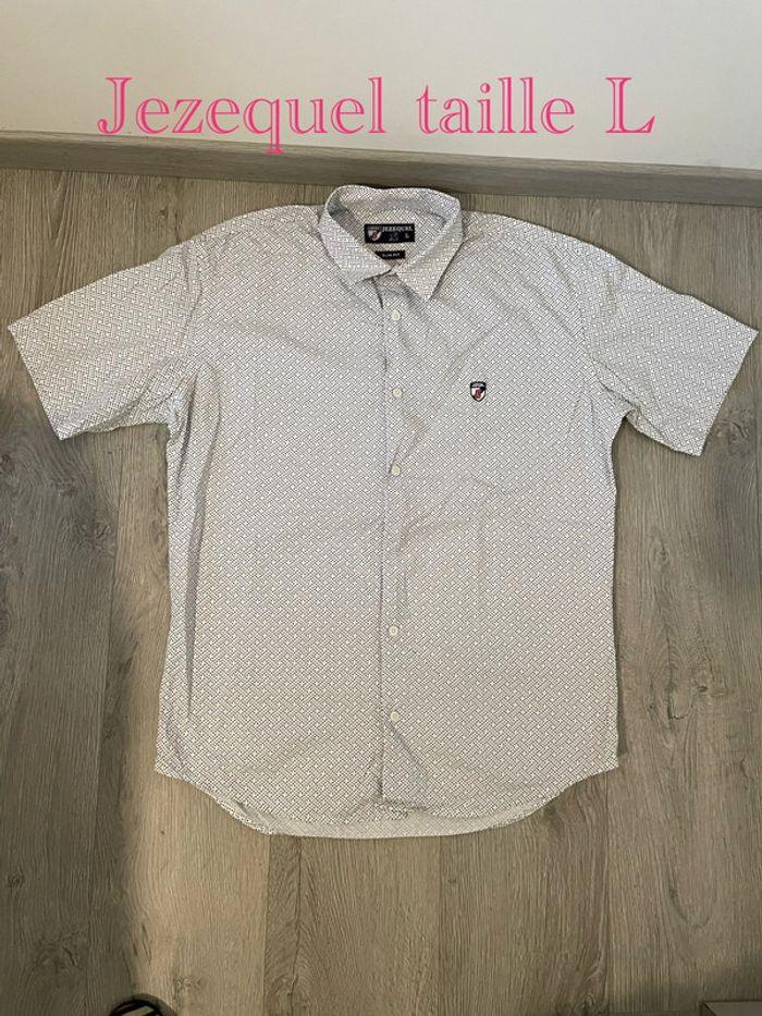 Chemise à manches courtes blanc motifs losange bleu et noir coupe slim fit Jezequel taille L - photo numéro 1