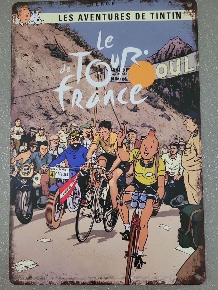 Plaque alu 20 cm x 30 cm - parodie de Tintin "Tour de France". Neuf sous blister