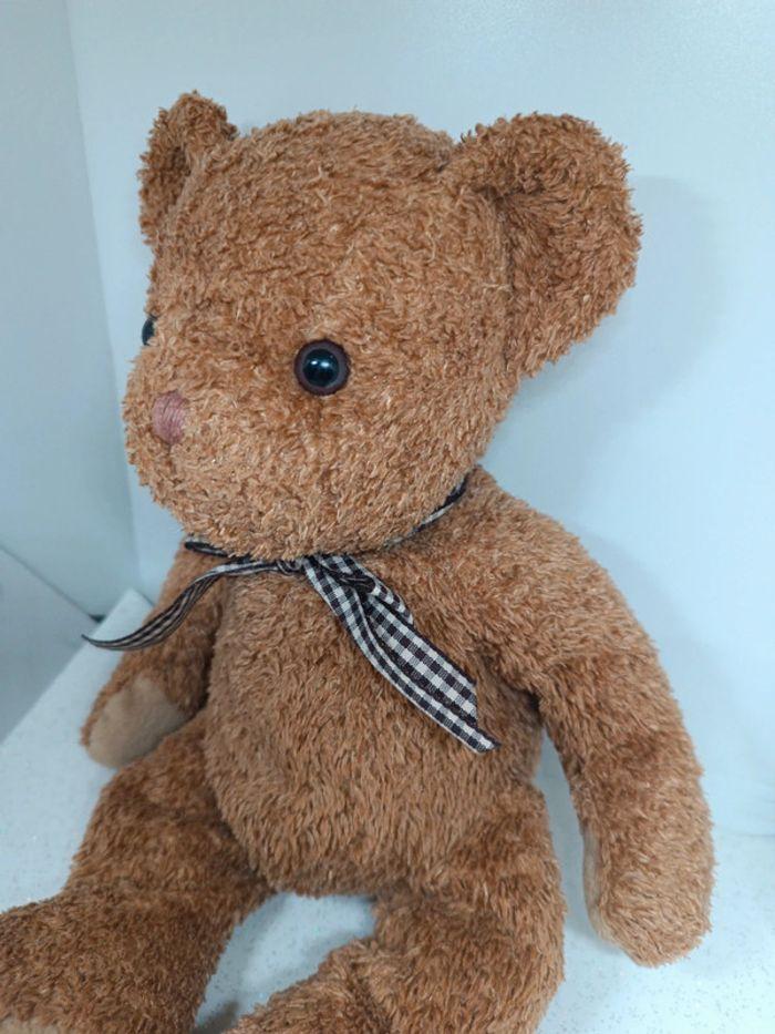 Nounours ours Teddy Bear peluche plush doudou caramel brun Brown marron bouclette nœud rayure - photo numéro 3