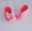 Vêtements chaussures ballerines liberty crochet tricot fait main bébé fille 0 à 6 mois  corail