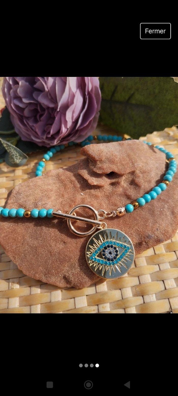 Collier de turquoise avec amulette yeux protection - photo numéro 1