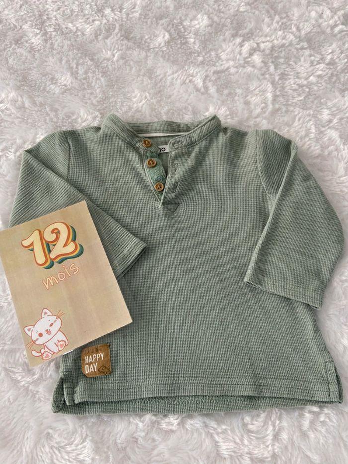 Pull Shirt manches longues menthe vert Gemo coton gauffré  12 mois neuf - photo numéro 1