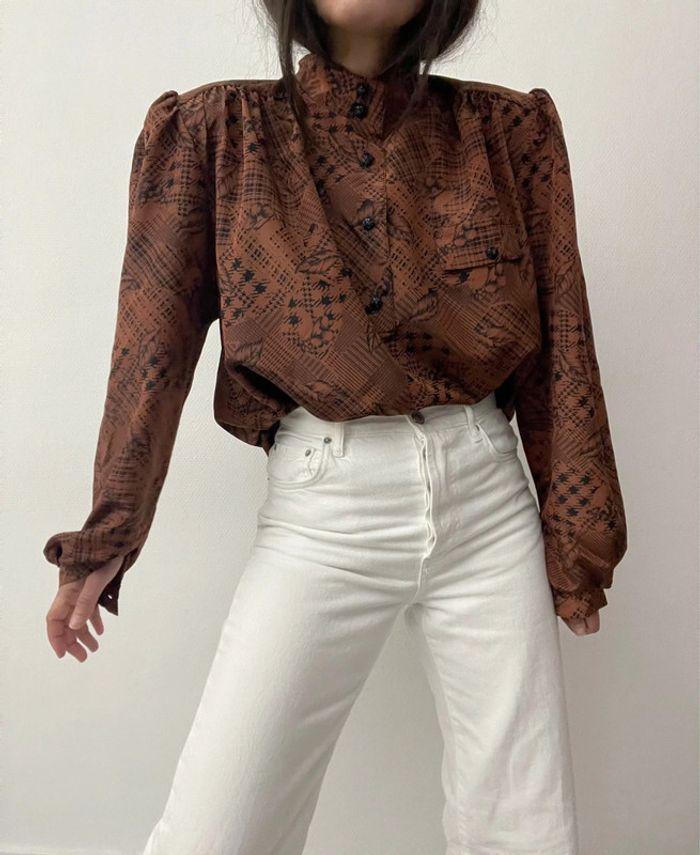 Blouse ample marron à fleur 45% soie - photo numéro 3