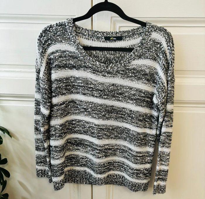 Pull en mailles blanc noir gris mim femme L - photo numéro 1