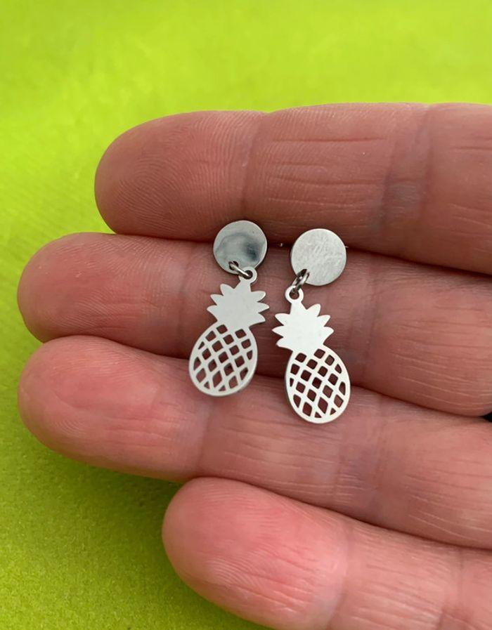 Jolies boucles d’oreilles pendantes ananas en acier inoxydable argenté - photo numéro 2