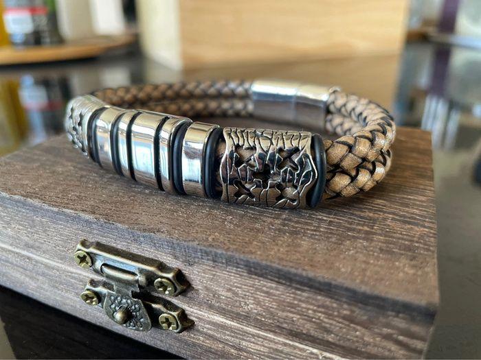 Bracelet viking ragnar cuir beige + boîte et pochette viking - photo numéro 3