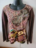 Vintage Tee shirt manches longues Derhy M 38 fleurs marron multicolore strass