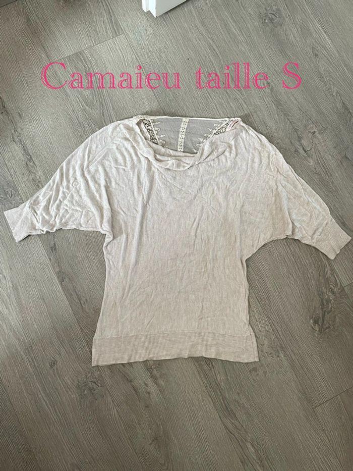 T-shirt beige clair à manches courtes dos en dentelle camaïeu taille S - photo numéro 1