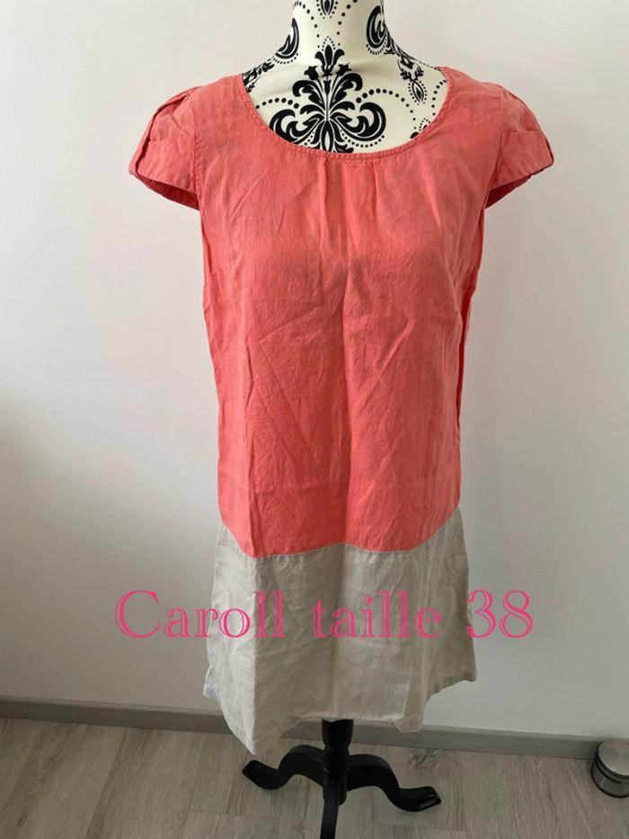 Robe à manche courte en lin corail et beige caroll taille 38 - photo numéro 1