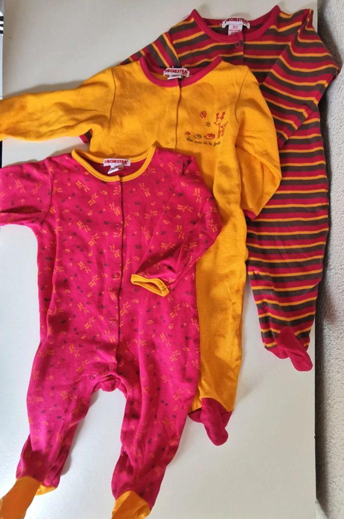 Lot de 3 pyjamas une pièce rose jaune marron Orchestra 6 mois - photo numéro 1