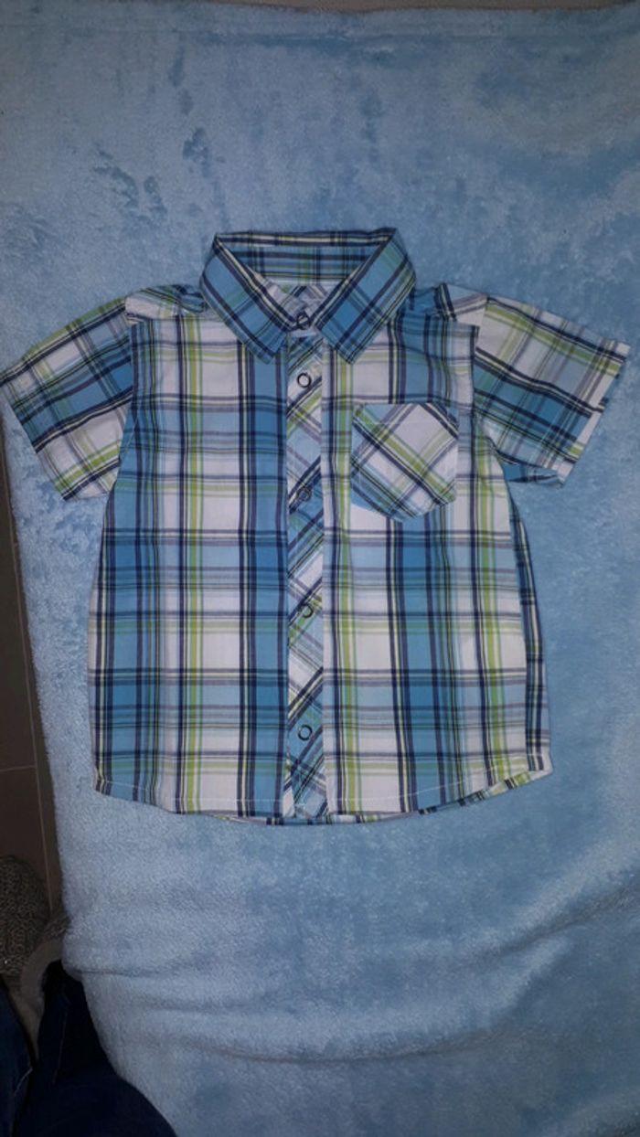 Chemise manches courtes garçon carreaux turquoise vert blanc Kimbaloo 2 ans - photo numéro 1