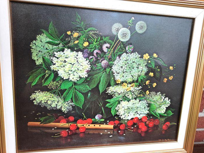 Ancien tableau doré reproduction nature morte Doge "bouquet de fleurs et cerises" - photo numéro 2