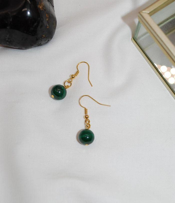 Boucles d oreille pendantes en plaqué or et Malachite - photo numéro 2