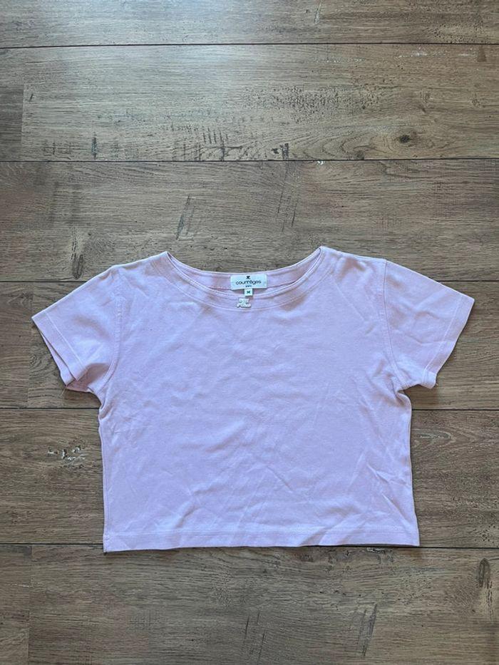 Tee shirt Courrèges taille M crop top rose pale logo brodé - photo numéro 1