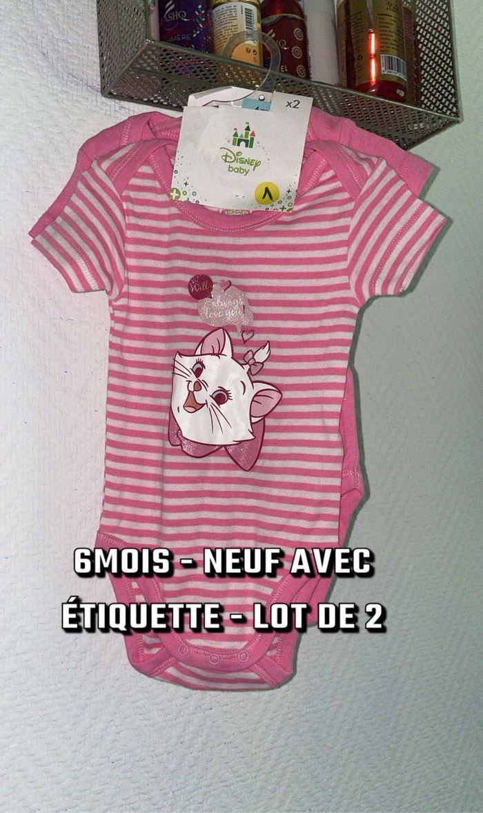 6 mois lot 2 bodys bodies manches courtes bébé fille rose marie aristochat Disney Disneyland neuf étiquette